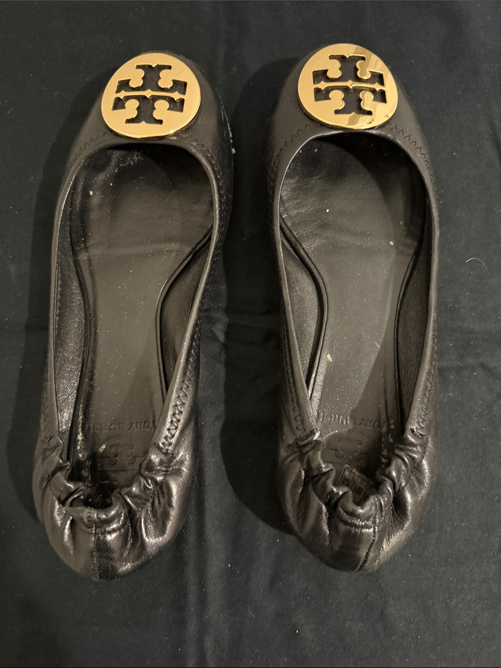 Tory Burch Black Leather Ballet Flats with Gold Logo Emblem